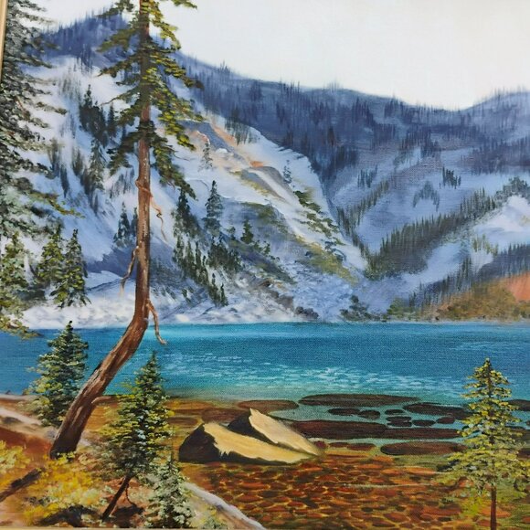 Vintage Framed Oil Painting Western Mountain Landscape & Lake Signed Miyan 1987 - Picture 7 of 9